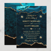 Blauwgroen en goudglitter Agate Marble Wedding Kaart (Voorkant / Achterkant)