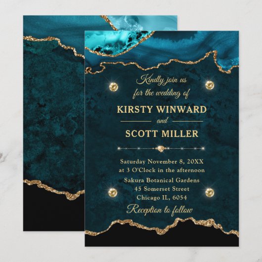 Blauwgroen en goudglitter Agate Marble Wedding Kaart (Voorkant / Achterkant)