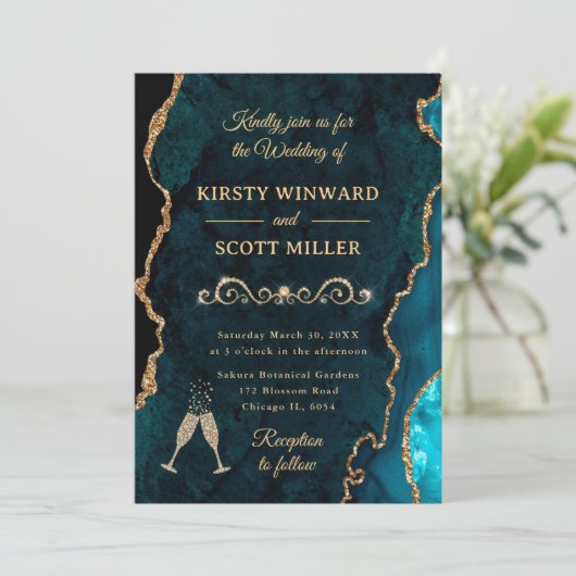 Blauwgroen en goudglitter Agate & Marble Wedding Kaart (Staand voorkant)