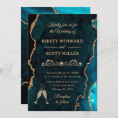 Blauwgroen en goudglitter Agate & Marble Wedding Kaart (Voorkant / Achterkant)