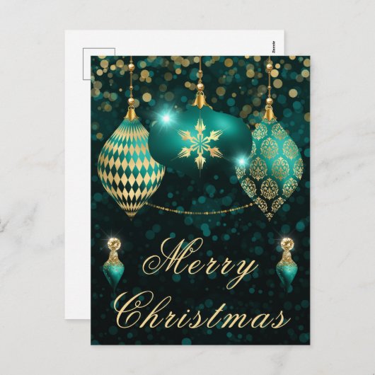 Blauwgroen en goudglitter Baubles kerst Feestdagenkaart (Voorkant / Achterkant)