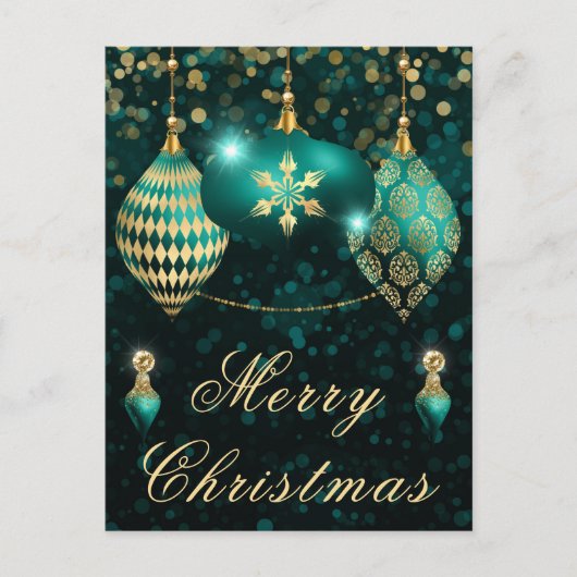 Blauwgroen en goudglitter Baubles kerst Feestdagenkaart (Voorkant)