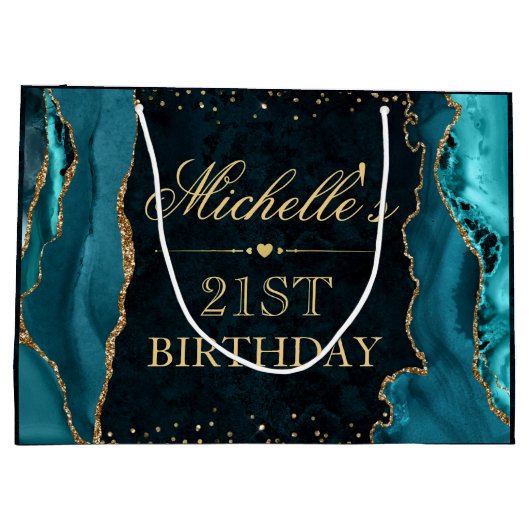 Blauwgroen en goudglitter Marble Agate Birthday Groot Cadeauzakje (Achterkant)