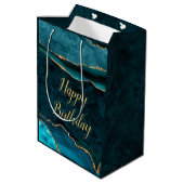 Blauwgroen en goudglitter Marble Agate Happy Birth Medium Cadeauzakje (Achterkant Gekanteld)