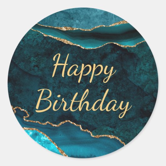 Blauwgroen en goudglitter marmer Agate Birthday Ronde Sticker (Voorkant)