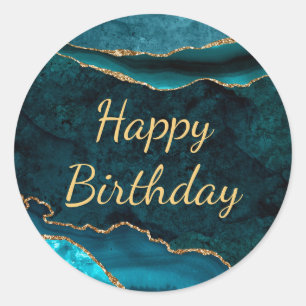 Blauwgroen en goudglitter marmer Agate Birthday Ronde Sticker