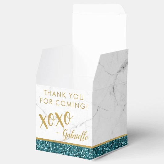 Blauwgroen en goudglitter Moderne marmer xoxo Bedankdoosjes (Geopend)