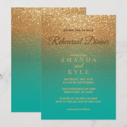 Blauwgroen en goudglitter - repetitief avondeten kaart (Voorkant / Achterkant)