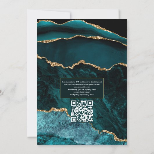 Blauwgroen en goudgrijs QR-code RSVP Weddenschap Kaart (Achterkant)