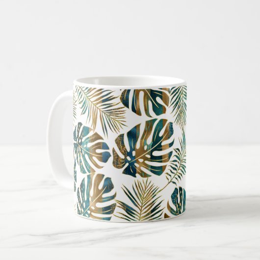 Blauwgroen en goudkleurig tropisch blad koffie mok (Voorkant links)