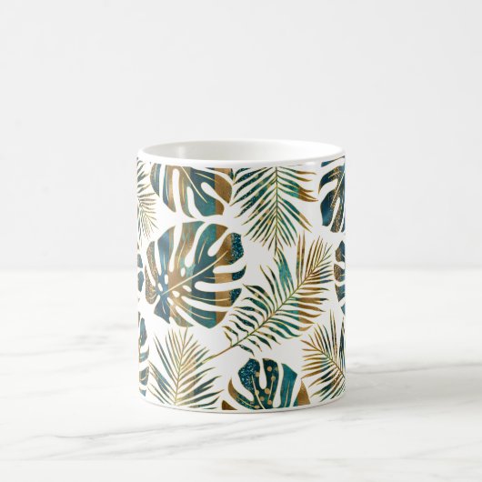 Blauwgroen en goudkleurig tropisch blad koffie mok (Center)