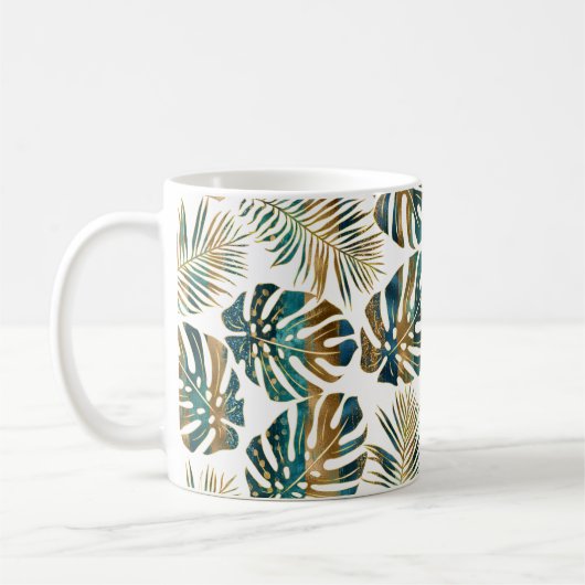 Blauwgroen en goudkleurig tropisch blad koffie mok (Links)