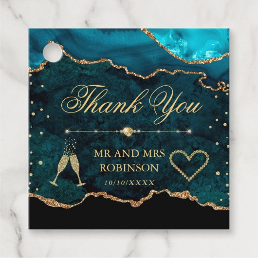 Blauwgroen en goudkleurige marmer Agate Wedding Bedankjes Labels (Voorkant)