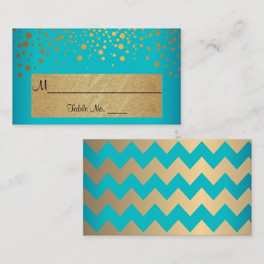 Blauwgroen en goudkleurige Stippen en Confetti Plaatskaartje (Voorkant / Achterkant)