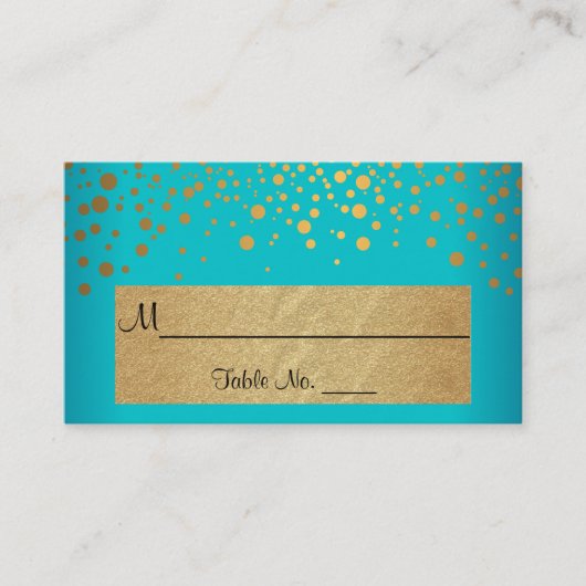 Blauwgroen en goudkleurige Stippen en Confetti Plaatskaartje (Voorkant)