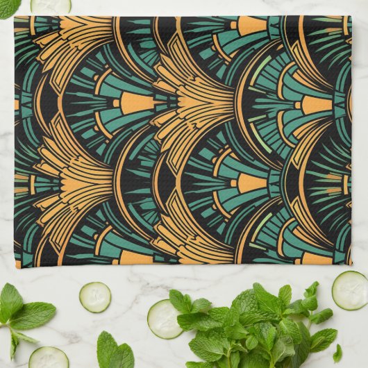 Blauwgroen en goudkunst Deco Theedoek (Gevouwen)