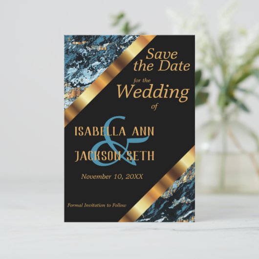 Blauwgroen en goudmarmer bruiloft save the date (Staand voorkant)