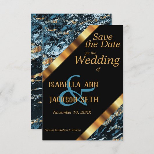 Blauwgroen en goudmarmer bruiloft save the date (Voorkant / Achterkant)