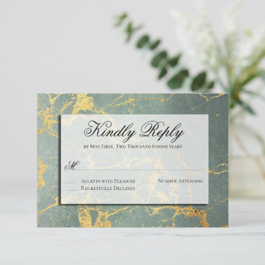 Blauwgroen en goudmarmerende RSVP Gelieve te antwo (Staand voorkant)