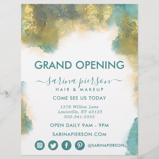 Blauwgroen en goudmatige, flexibele kunstbrochure  flyer (Achterkant)