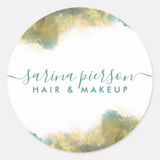 Blauwgroen en goudmatige kunstinktpatronen voor vl ronde sticker (Voorkant)