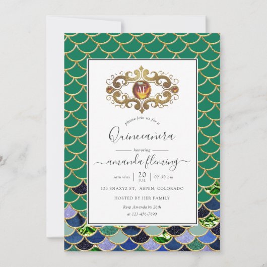 Blauwgroen en goudmonogram Gemstone Mermaid Quince Kaart (Voorkant)