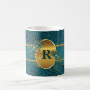 Blauwgroen en goudpacock-monogram koffiemok