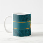 Blauwgroen en goudpacock-monogram koffiemok (Links)