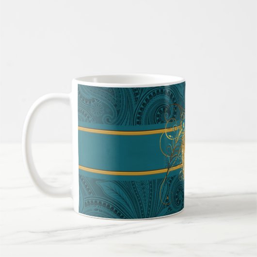 Blauwgroen en goudpacock-monogram koffiemok (Links)