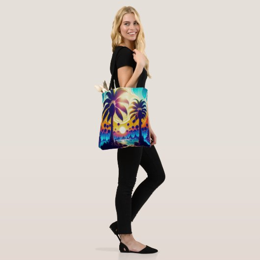 Blauwgroen en goudpalmen tote bag (Op model)