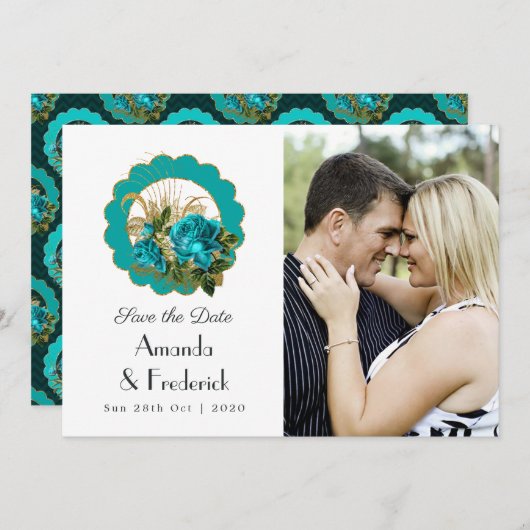 Blauwgroen en goudparskunst Deco Rozen Weddenschap Save The Date (Voorkant / Achterkant)