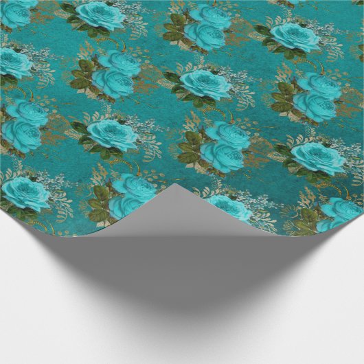  Blauwgroen en goudRoos Cadeaupapier (Hoek)