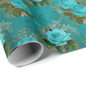 Blauwgroen en goudRoos Cadeaupapier (Rol Hoek)