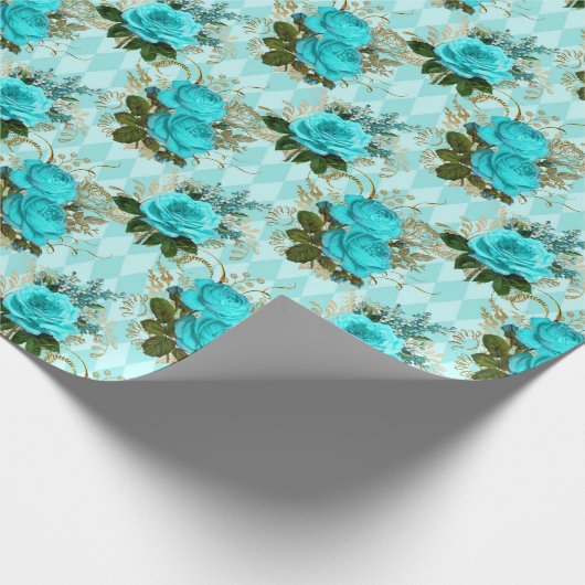  Blauwgroen en goudRoos Cadeaupapier (Hoek)