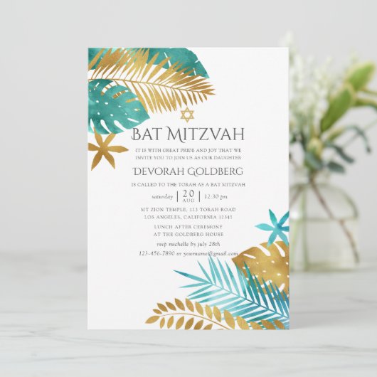 Blauwgroen en goudtropische beugel Mitzvah Kaart (Staand voorkant)