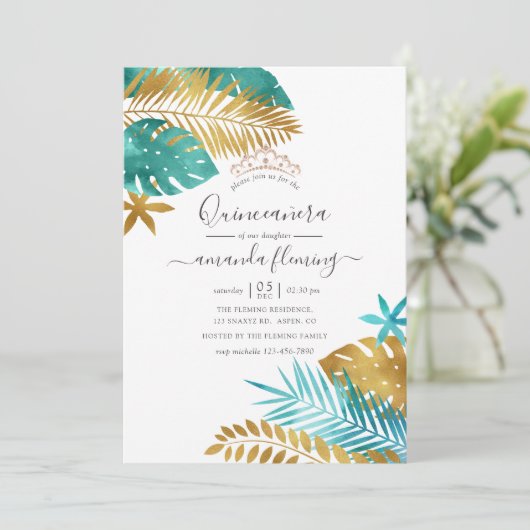 Blauwgroen en goudtropische Quinceañera Kaart (Staand voorkant)