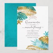 Blauwgroen en goudtropische Quinceañera Kaart (Voorkant / Achterkant)