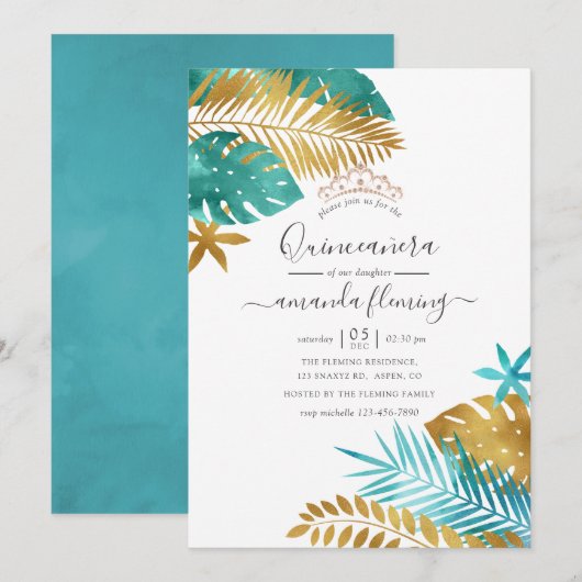 Blauwgroen en goudtropische Quinceañera Kaart (Voorkant / Achterkant)