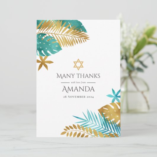 Blauwgroen en goudtropische vlek Mitzvah Bedankkaart (Staand voorkant)
