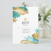 Blauwgroen en goudtropische vlek Mitzvah RSVP Kaartje (Staand voorkant)