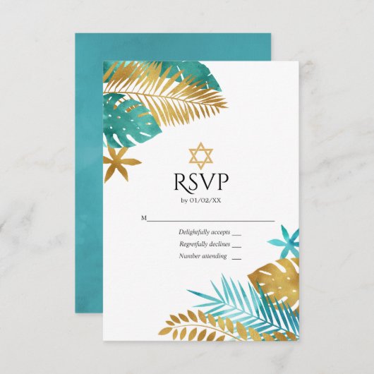 Blauwgroen en goudtropische vlek Mitzvah RSVP Kaartje (Voorkant / Achterkant)
