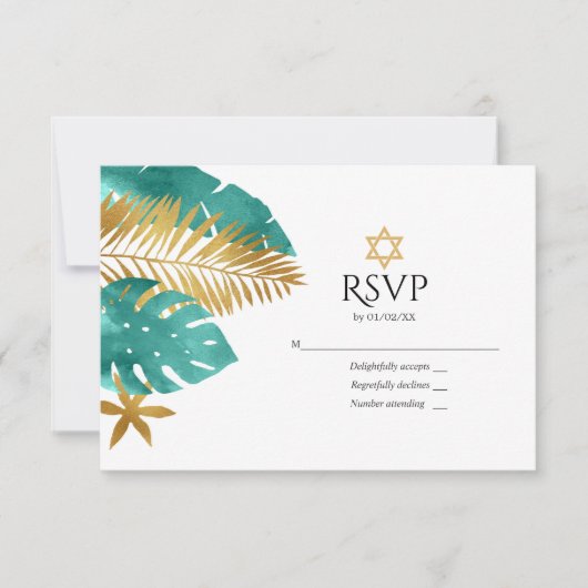 Blauwgroen en goudtropische vlek Mitzvah RSVP Kaartje (Voorkant)