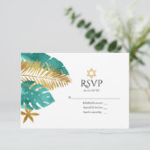 Blauwgroen en goudtropische vlek Mitzvah RSVP Kaartje (Staand voorkant)