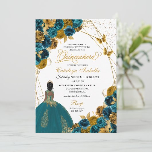 Blauwgroen en goudvlinder Princess Quinceanera Kaart (Staand voorkant)