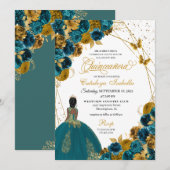 Blauwgroen en goudvlinder Princess Quinceanera Kaart (Voorkant / Achterkant)