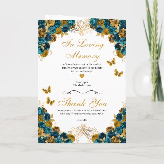 Blauwgroen en goudvlinder Quinceanera-programma (Achterkant)