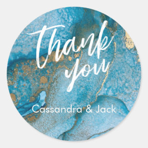 Blauwgroen en goudvloeibaar Abstract kunstje Casua Ronde Sticker