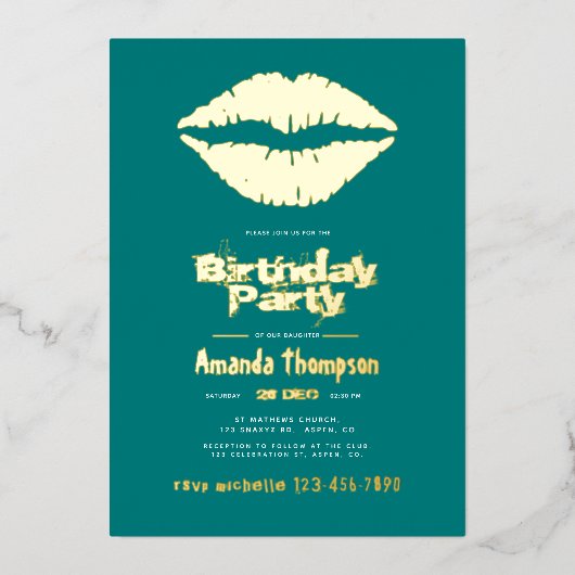 Blauwgroen en goudzuskus Lips Folie Uitnodiging (Voorkant)