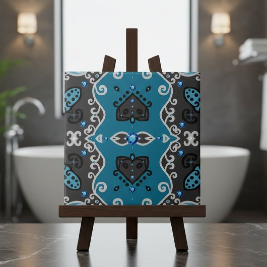 Blauwgroen en grijs Damask Rhinestones Patroon Tegeltje