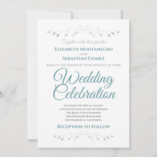 Blauwgroen en Grijs Eenvoudige Elegante Huwelijksu Kaart (Voorkant)